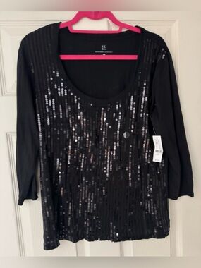 New York & Company Black Sequin Scoop-Neck Top / Size Large / NWT